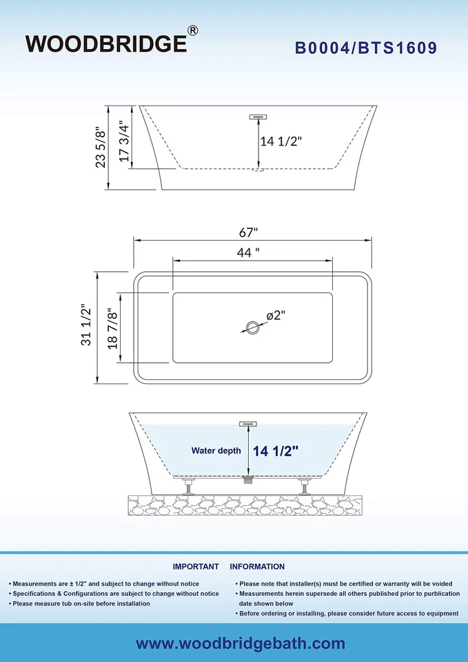 WOODBRIDGE 67" Bañera Independiente Acrílica Contemporánea Bañera Blanca Foto 2 de 4