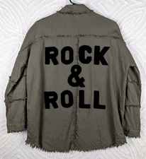 ELAN Rock And Roll Oversized Shirt Frayed Rag Puffy Letters Army Green Size S