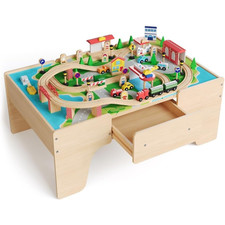 84 Pcs Wooden Train Table with Tracks Trains Bridges Storage Drawer Natural 3