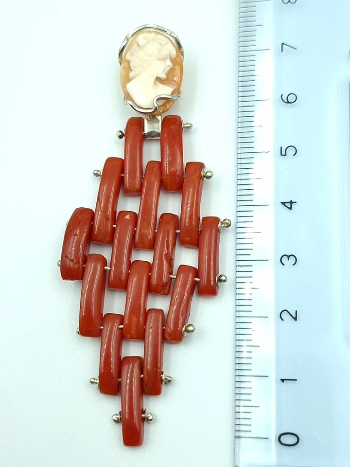 Antico Ciondolo Cameo Vero Corallo Sardegna Rosso Argento 925 Rodiato Art Deco - Immagine 3 di 4