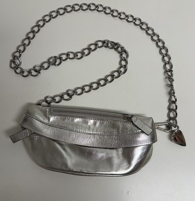 Avec La Troupe Silver Metallic Crescent Belt Bag Zip Chain Strap Heart Charm