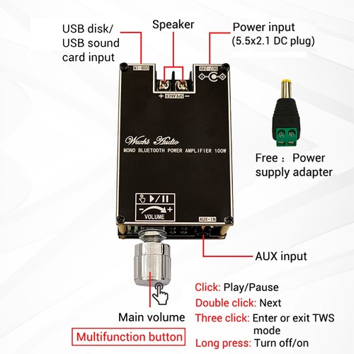 2PCS Audio ZK-1001B 100W Bluetooth Power Amplifier Board Mono Amp TPA3116D2 US - Picture 2 of 12