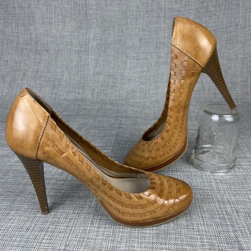 Andrew Geller Sz 7 Whisky Brown Woven Leather Platform Pumps Wood Stiletto Heels - Picture 5 of 10