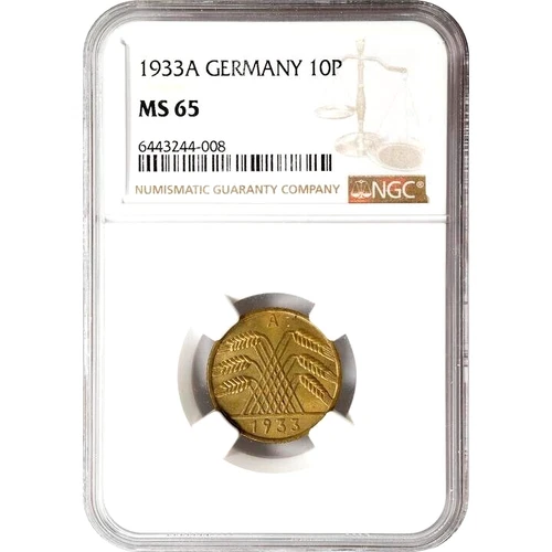 1933 A Germany 10 Pfennig, NGC MS 65, Scarce Date, Finest at NGC