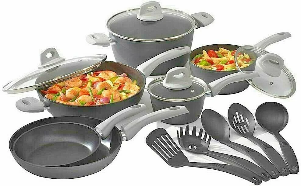 New Bialetti 15-Pc. Aluminum Non-Stick Cookware Set with Soft-Touch  Handles. NIB