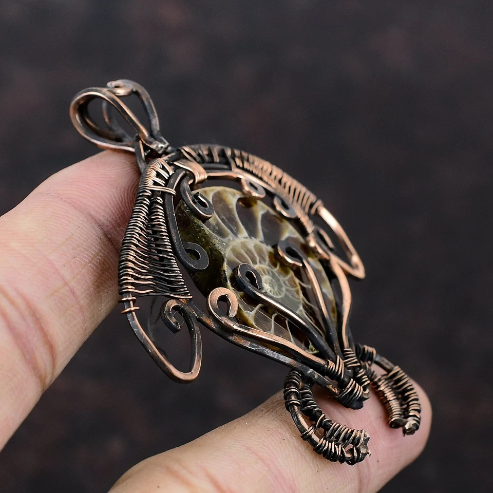 Regalo Para Ella Cobre Amonita Fósil Joyería Alambre Envuelto Tortuga Colgante 2.56" Foto 3 de 4