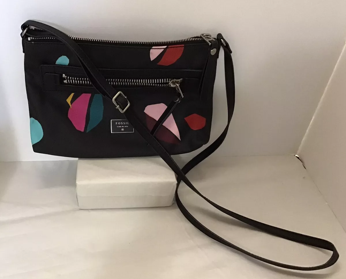 PRE OWNED FOSSIL CROSSBODY SHOULDER PURSE BLACK PINK FUSCHIA AND