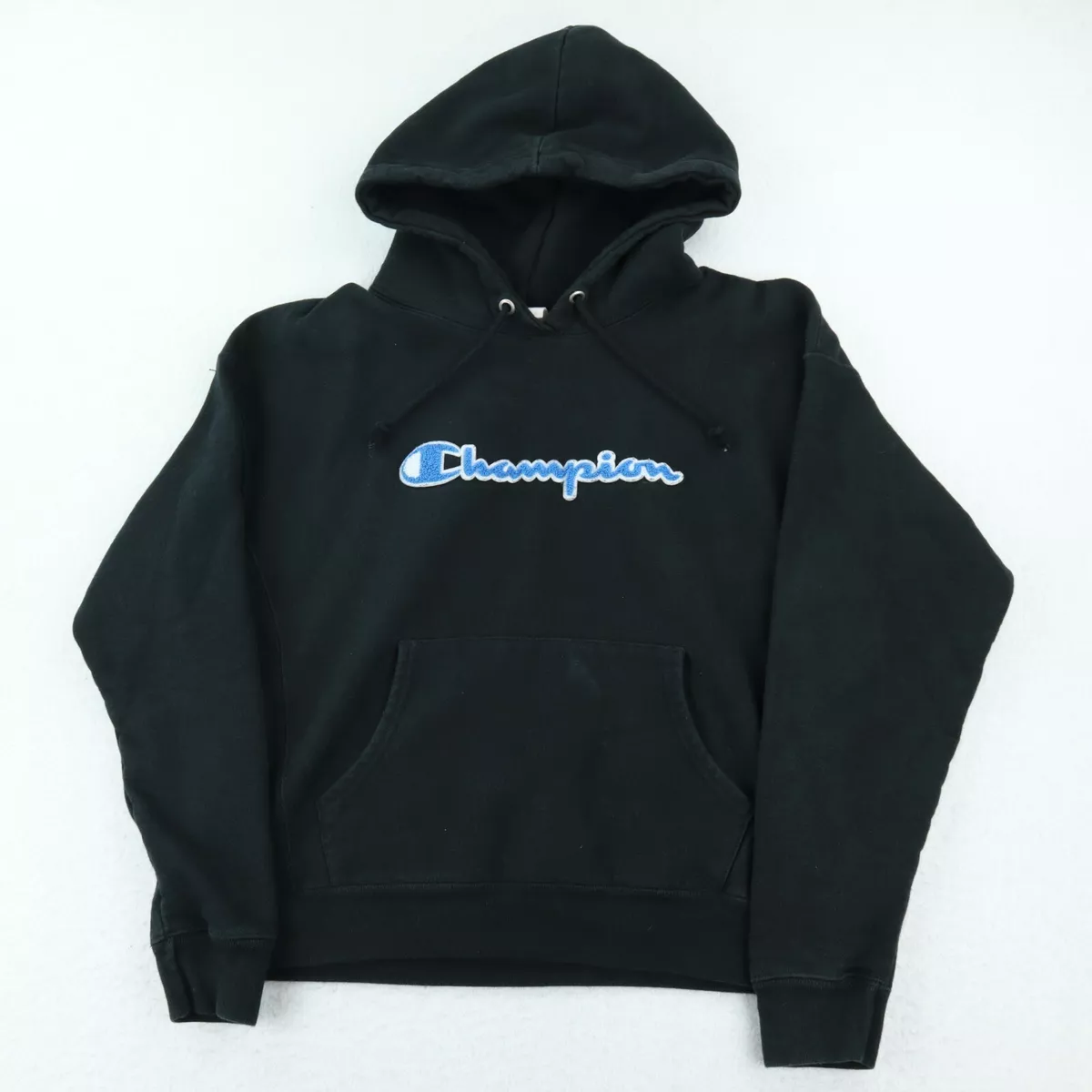 Champion Reverse Weave Hoodie Chenille Script Logo Mens S Black Sweatshirt