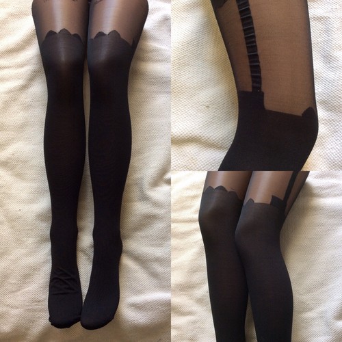 Black Stripe Suspender Tights Pantyhose 