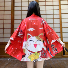 Lucky Cat Japanese Women Kimono Jacket Cardigan Coat Retro Yukata Haori