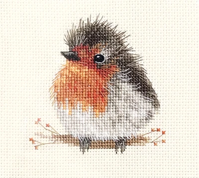 Baby fluffy ROBIN Redbreast CHICK, Christmas Bird Counted cross stitch kit