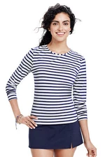 Lands End Women's Swim Tee Rash Guard White/Deep Sea Stripe New