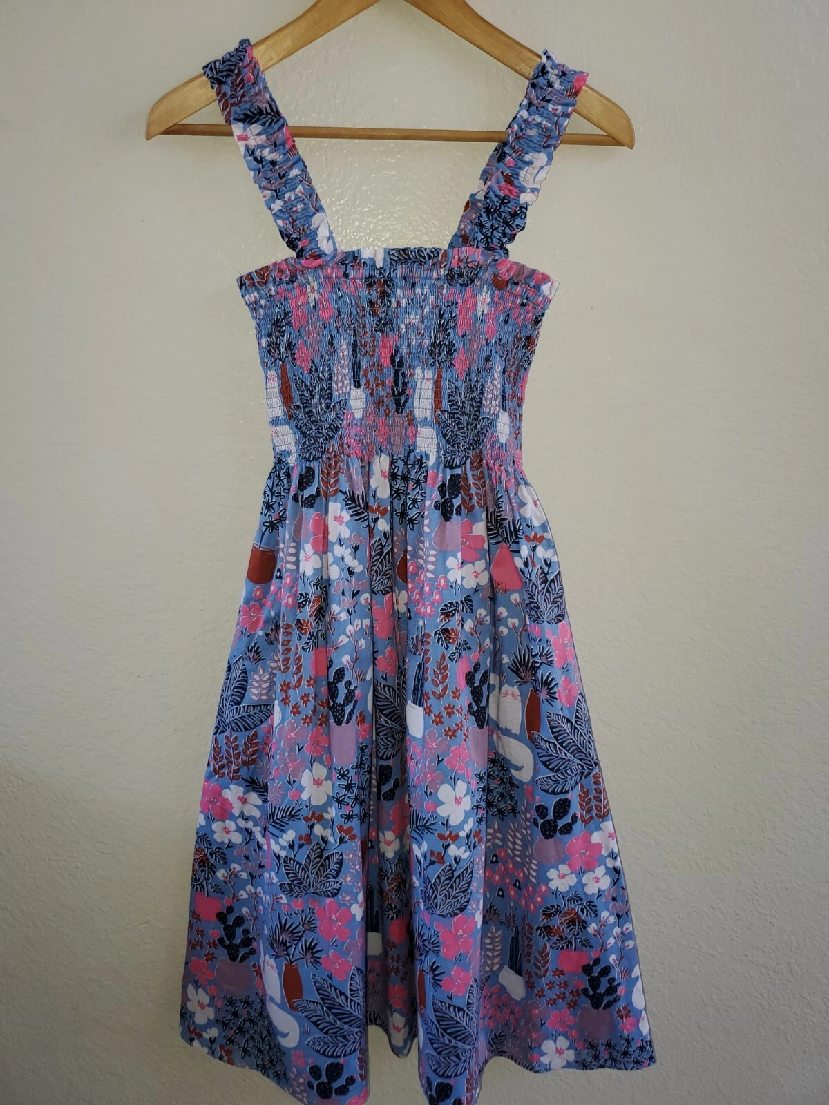 Abito midi Kate Spade Garden Posy smocked stampa gatto cactus taglia XS blu