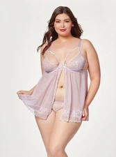 Seven ’til Midnight Queen Sheer Mesh & Lace Demi Cup Babydoll Lavender Purple