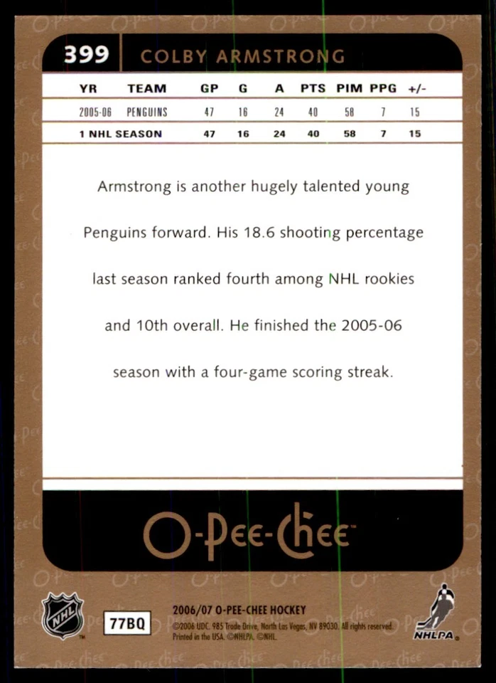 2006-07 O-Pee-Chee Colby Armstrong Pittsburgh Penguins #399 - Image 2 of 2