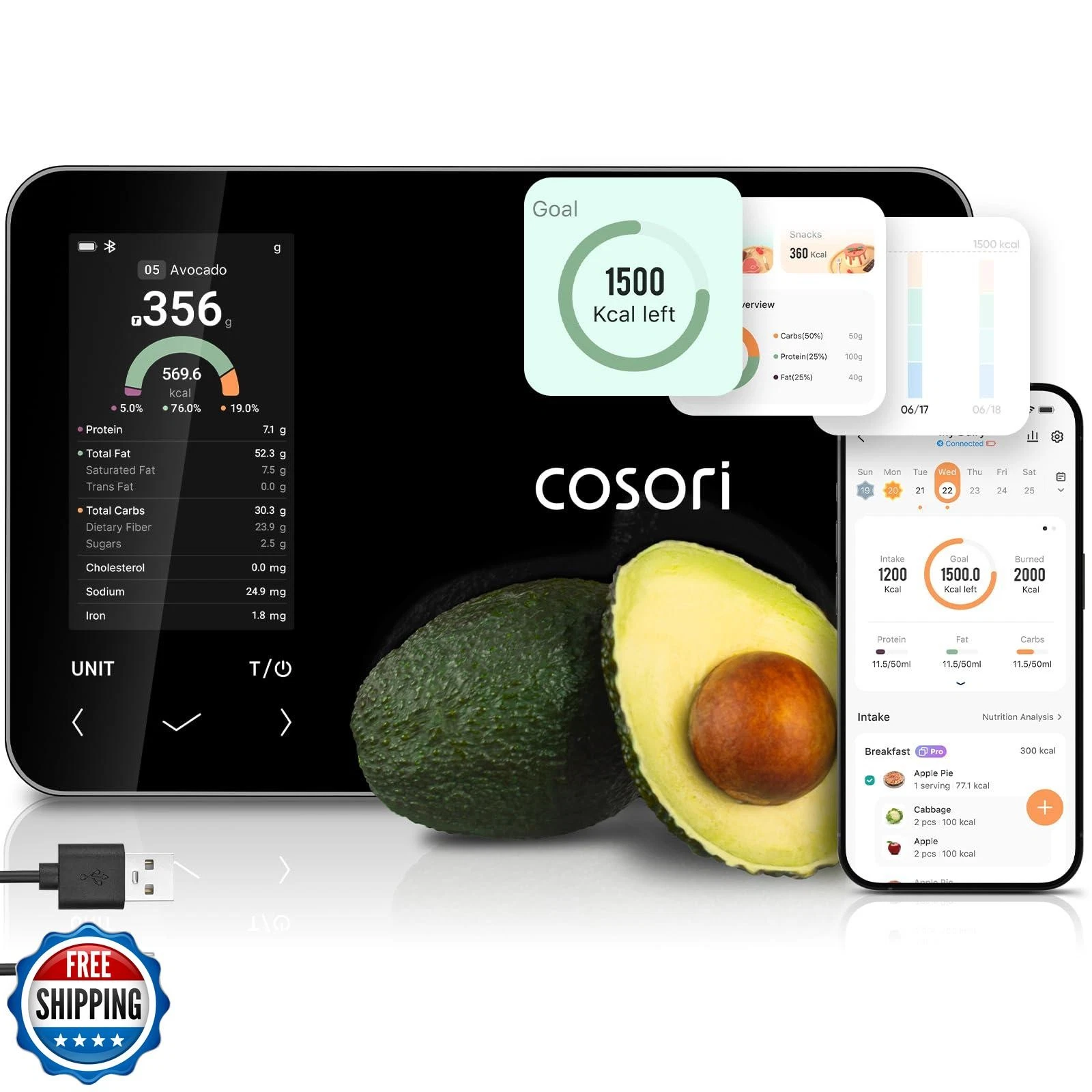 Cosori Smart Food Kitchen Scale with Nutritional Calculator, Free App for AI