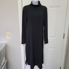 LOFT Long Sleeve Rib Knit Mock Neck Midi Dress Black Modest Classic Size Small