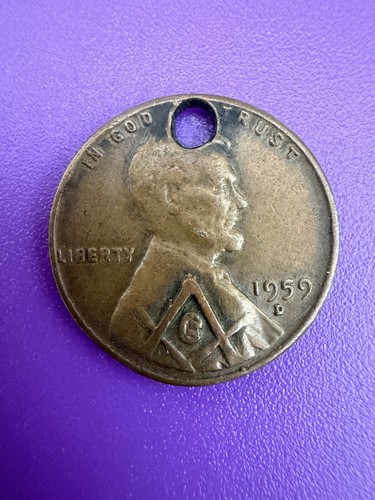 1959 D Lincoln Penny Masonic Love Token Engraved Freemason Coin Hobo Style