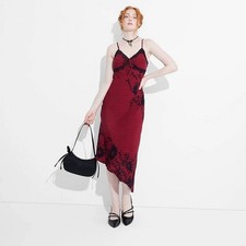 Wild Fable Red Black Floral Lace Babydoll Y2K Asymmetrical Midi Dress Size L
