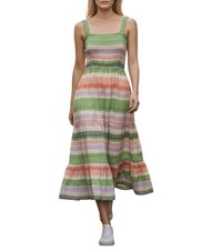 Banjanan Regina Striped Midi Dress Square Neck Back Tie Smocked Size Small