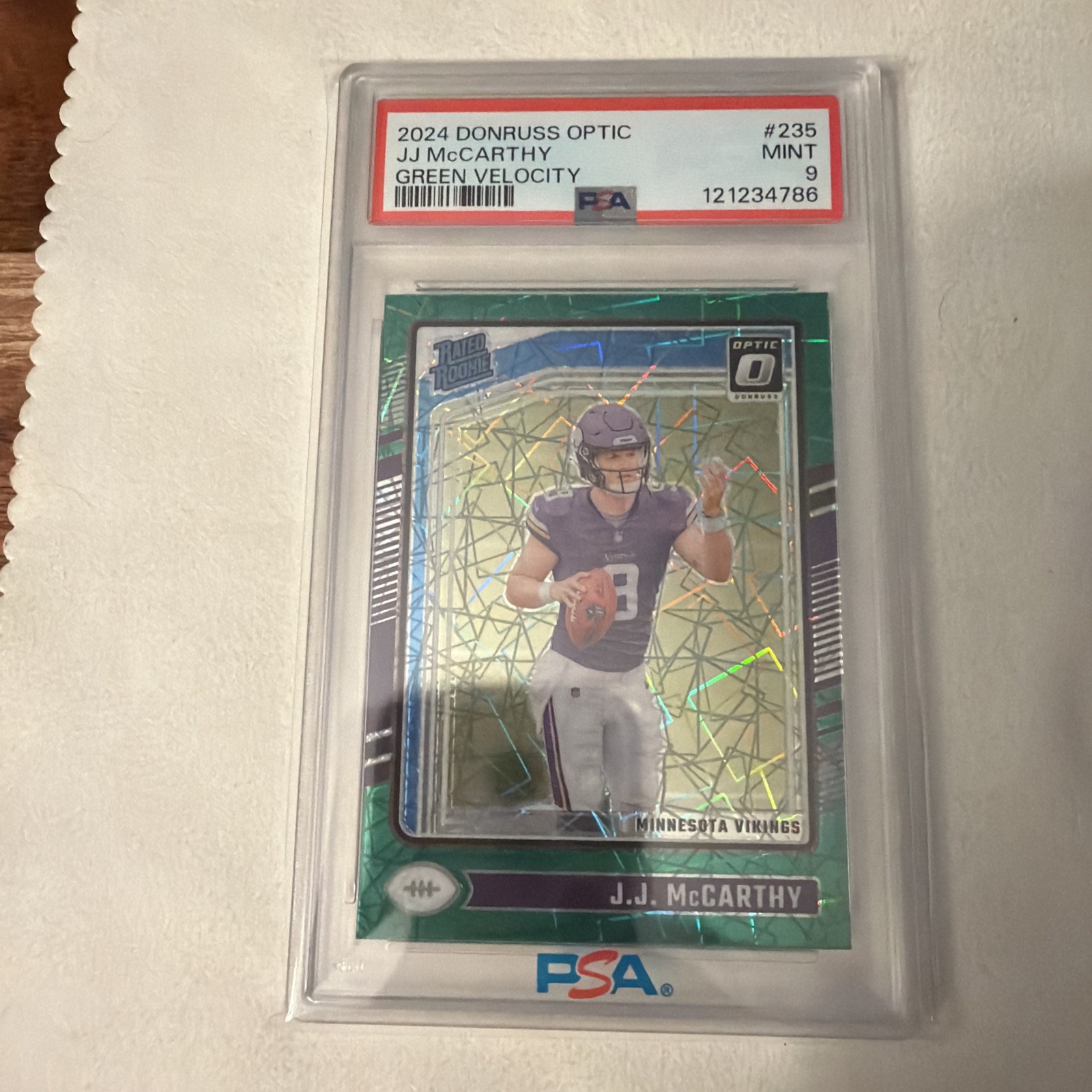 2024 Donruss Optic JJ McCarthy RC #235 Green Velocity Prizm SP - Vikings PSA 9