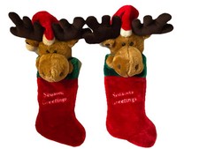 2 Moose 3D Plush Xmas Stockings 26" Santa Hat Tb Trading Co Seasons Greetings