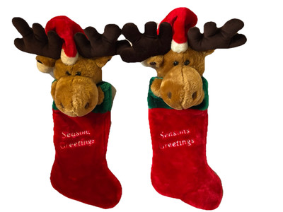 2 Moose 3D Plush Xmas Stockings 26'' Santa Hat Tb Trading Co Seasons Greetings