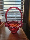 Vintage 8" Tall Red Ruby Dotted Glass Basket Candy Dish Decor