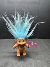 Vintage RUSS 3 Inch Troll Doll With Aqua Blue Hair Holding Cute Lovable Sign