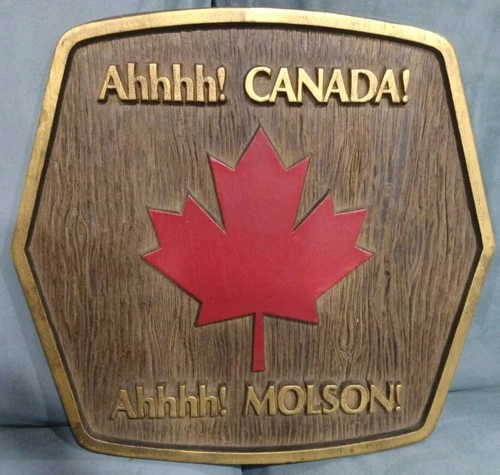 Vintage Ahhhh! CANADA!  Ahhh! MOLSON! Beer Red Maple Leaf Faux Wood 14" Bar Sign