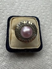 925 Intricate Floral Design Balinese Pink Pearl Ring Pink  Size 8 5.3g