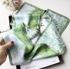 Women s Satin Silk Square Scarf Green White Light Blue Abstract Art Border