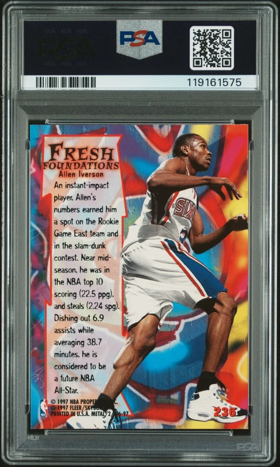 Tarjeta de novato de baloncesto firmada por Allen Iverson 1996 Fleer Metal #236 automática PSA 10 75 Foto 2 de 2