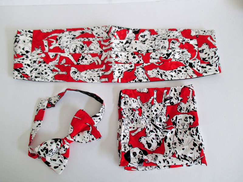 Vtg Nicole Miller 3 Pc Cummerbund Bow Tie Pocket Square Dalmatians Dogs 1992 EUC