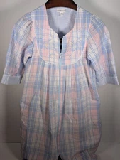 MISS ELAINE 3/4-Sleeve Plaid Zip Robe Nightgown Pink / Blue / White  Size S