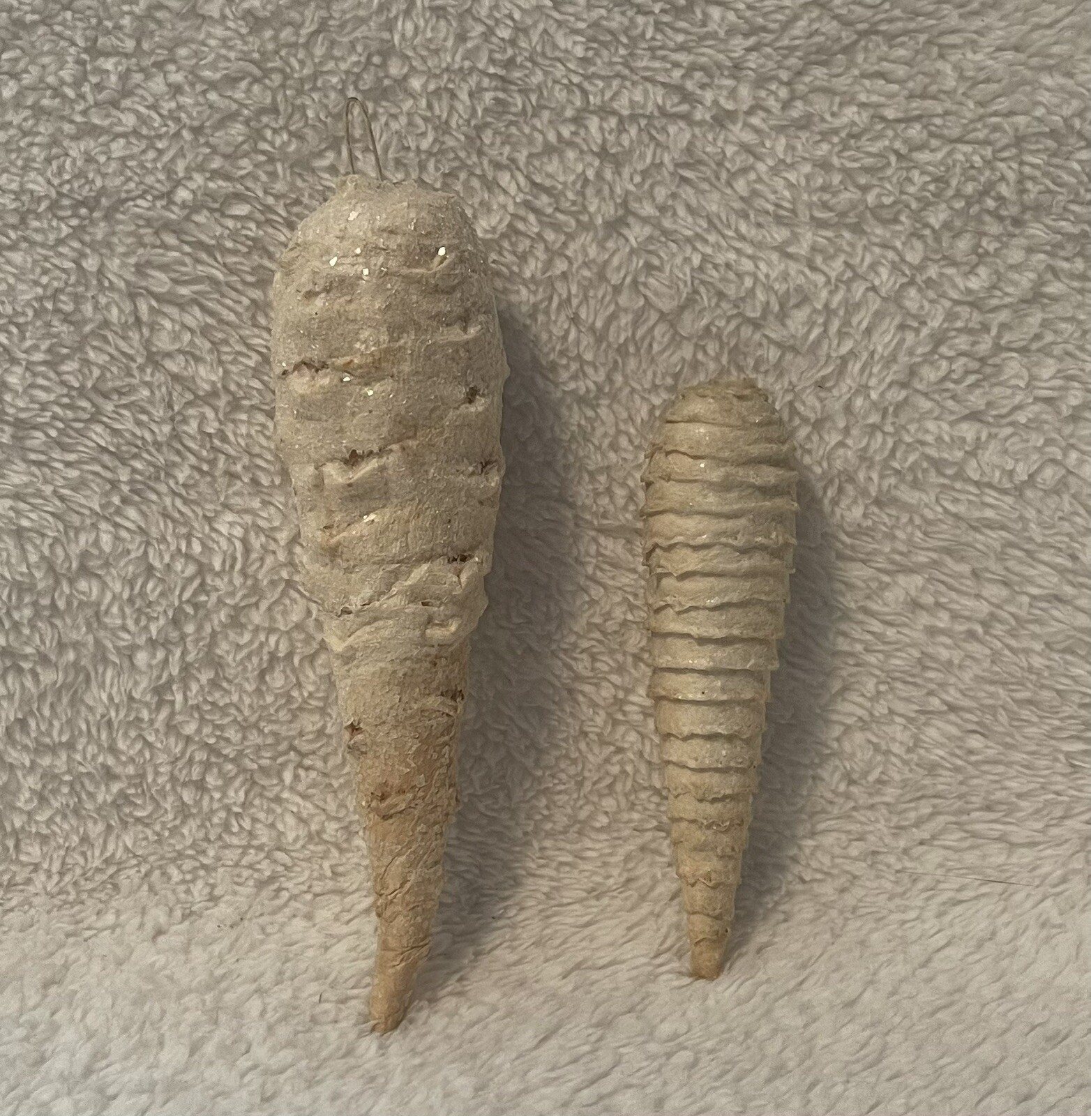 Antique white cotton icicle/carrot German Christmas ornaments 4.5-6” lot of 2