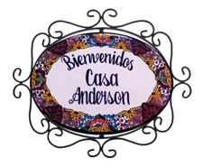 Mexican Ceramic Talavera House Sign Custom Wall Address Sign Plaque & Frame #17