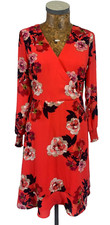 OASIS DRESS 6 RED CORAL BLACK Floral Fit & Flare Elastic Cuff FAUX WRAP MIDI