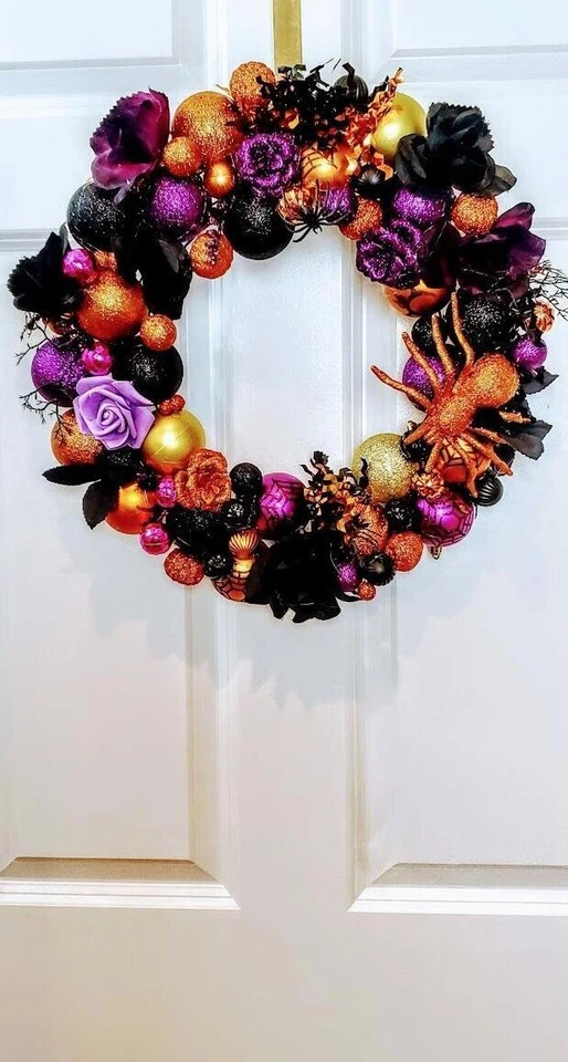 Guirnalda adorno de Halloween grande 18" hecha a mano puerta de entrada decoración rosa brillante Foto 2 de 4