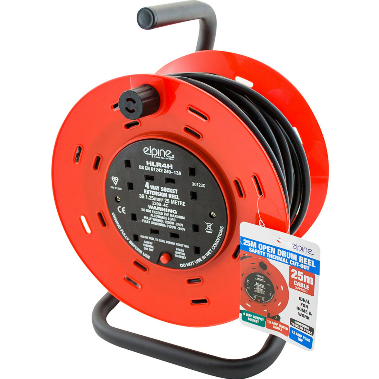 13A Extension Lead Reel 4 Sockets 5, 10, 15, 25, 50 Metre Heavy Duty