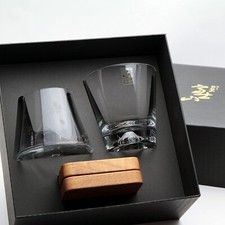 Tajima Glass Mt. Fuji Rock Glass Hoei Beer Glass Pair With Wooden Coaster New