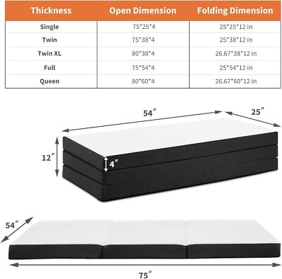 Folding Mattress Full 4-Inch Tri-Fold Mattress with Washable Cover Floor Bed