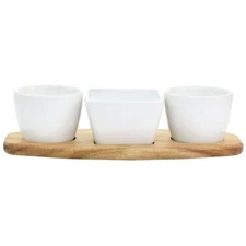 Gibson Elite Gracious Dining 4 Piece Fine Ceramic Tidbit Dish Set with Acacia Wo