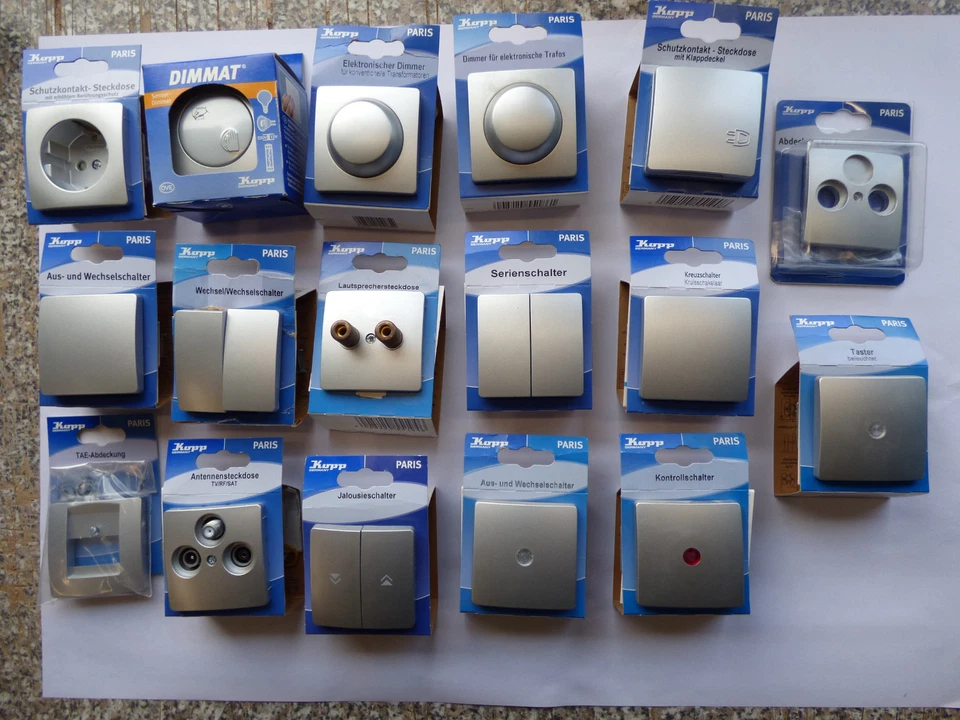 KOPP Paris silber Dimmer Schalter Steckdose Kontrollschalter Rahmen Taster Serie