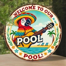 1pc, "Welcome to Our Pool" Aluminum Tin Metal Signs, 8x8 inches, Round Vintage C