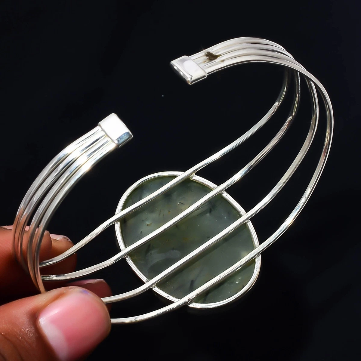 Moss Prehnite Gemstone 925 Sterling Silver Handmade Bangle Jewelry Gift For