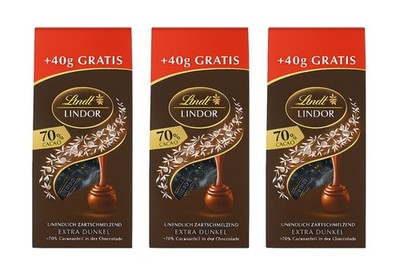 LINDOR 70% Extra Dunkel  +40g GRATIS Inhalt /Packung  3x 150g (MHD: 05/26)