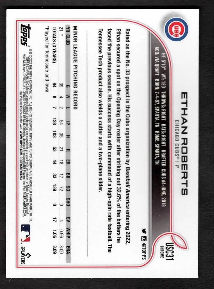 2022 Ethan Roberts Topps Chrome Baseball Rookie RC Cubs USC31 - Image 2 of 2