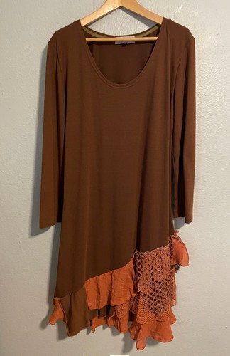 Pretty Angel Dress Womens XL Brown Orange Asymmetrical Ruffle Boho Linen Blend