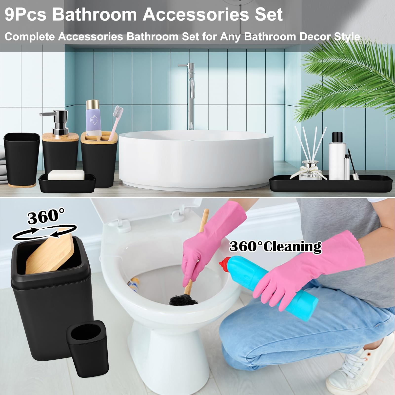 Bathroom Set Black Bathroom Trash Can, 9 Piece Bathroom Decor Toothbrush Hold...